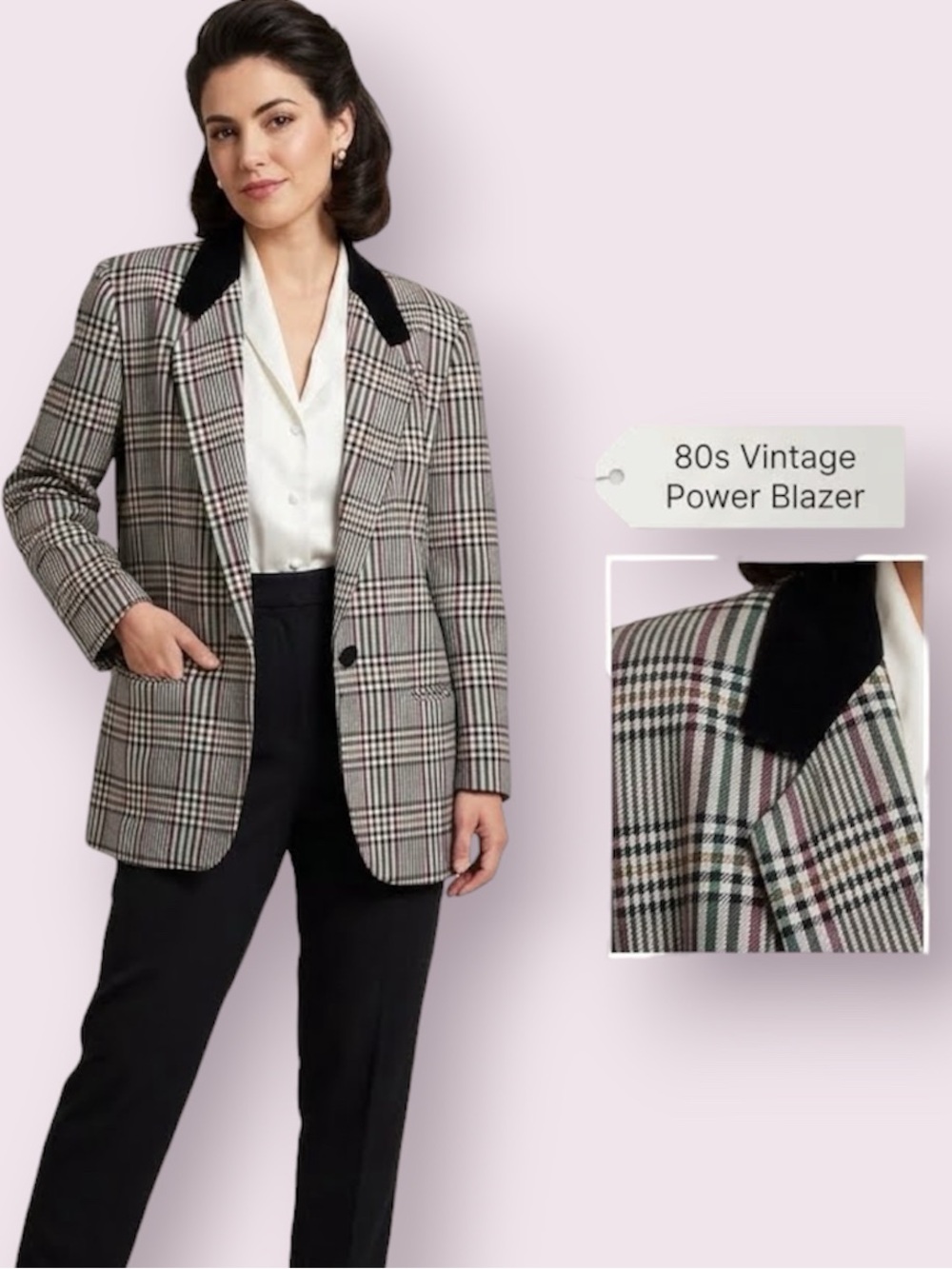 Vintage 80’s Blazer Glen Plaid Velvet Collar Shoulder Pads White Black Size 12